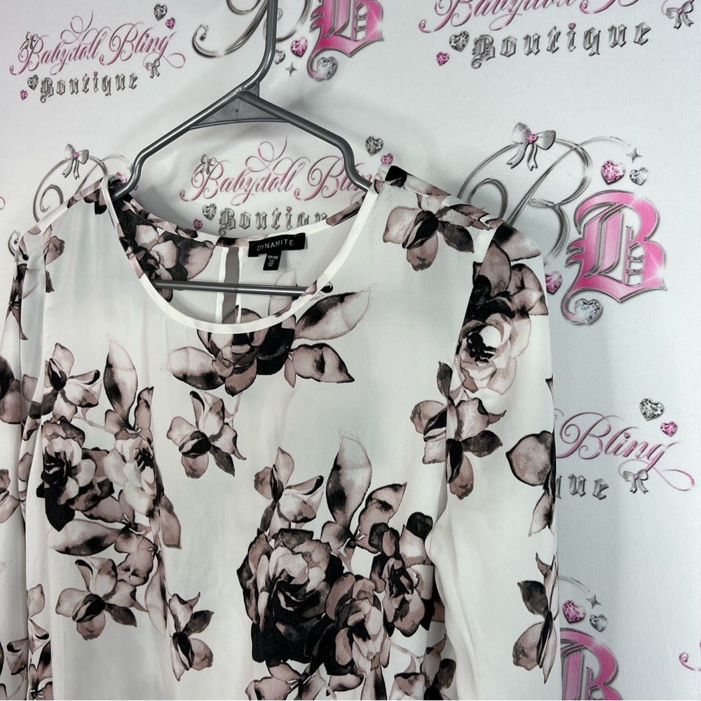 Dynamite top blouse long sleeve flowers roses floral Print Women's Top - Picture 4 of 9